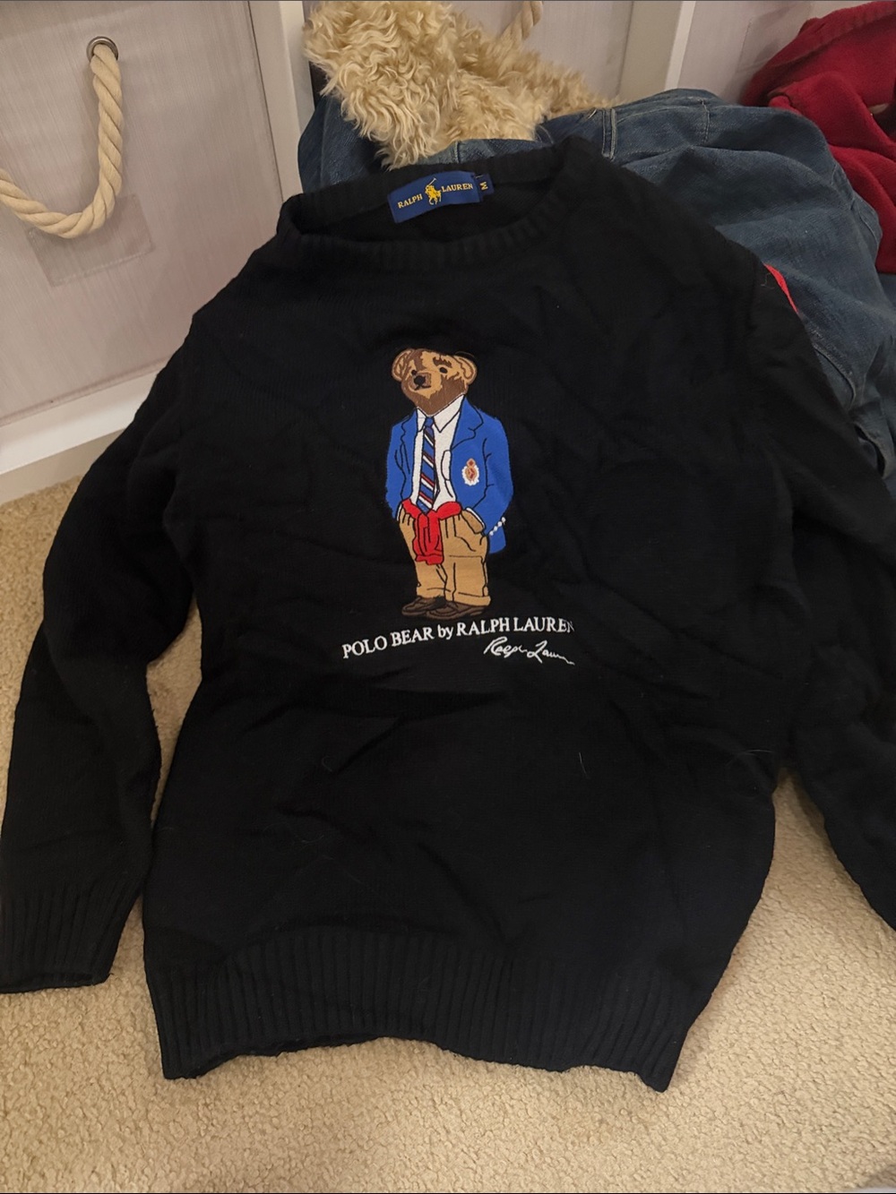 Ralph Lauren Black Crewneck Sweater with Polo Bear Embroidery